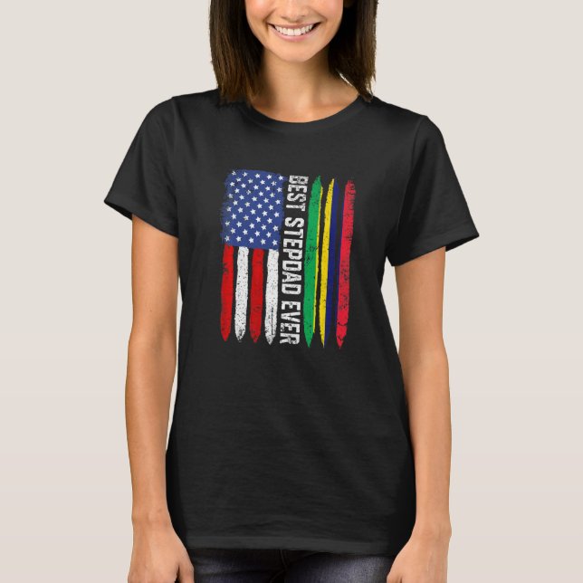Camiseta Bandeira Americana e Ilha Maurícia Melhor Stepdad  (Frente)