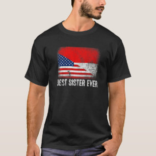 Camiseta Bandeira Americana e Indonésia Melhor Irmã Já Cheg
