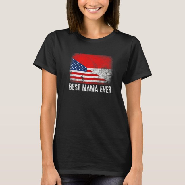 Camiseta Bandeira Americana e Indonésia Melhor Mama Já Fami (Frente)