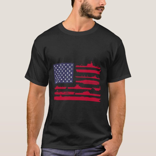 Camiseta Bandeira Americana e Navios Navais - Militares Pat (Frente)