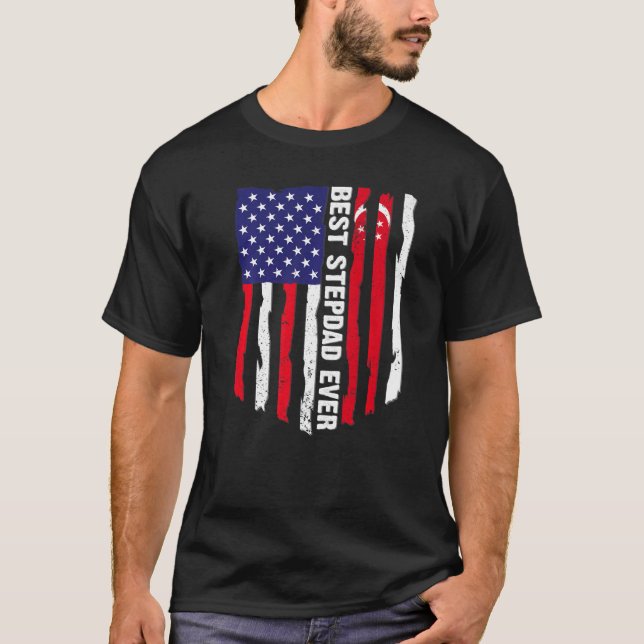 Camiseta Bandeira Americana e Singapura Melhor Stepdad Nunc (Frente)