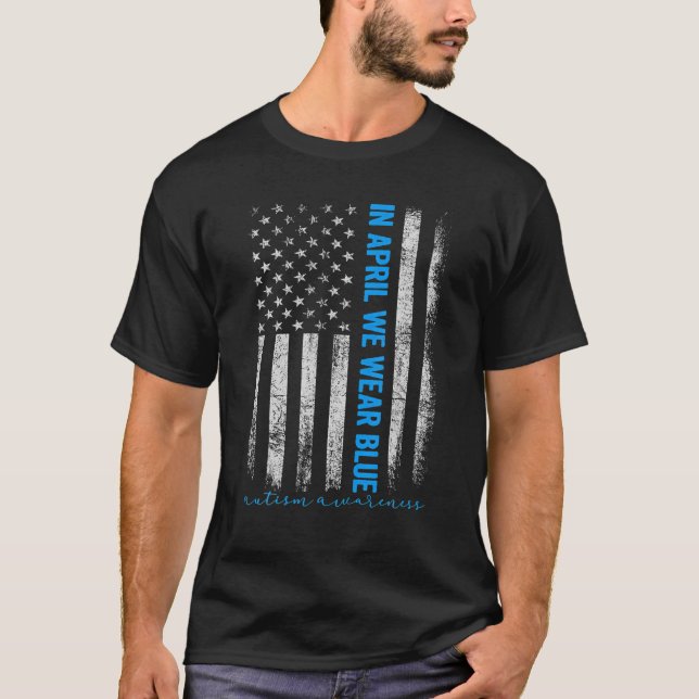 Camiseta Bandeira Americana Em Abril Vestimos Autismo Azul  (Frente)