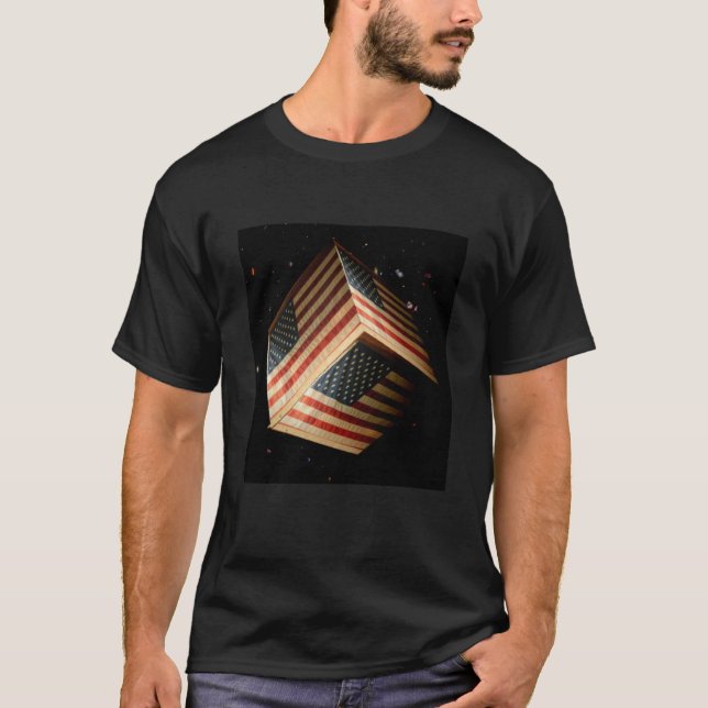 Camiseta Bandeira Americana em Cubo Flutuando no Espaço (Frente)