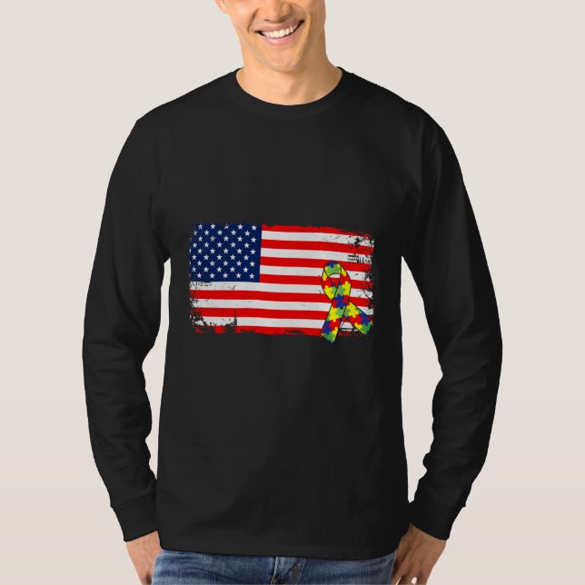 Camiseta Bandeira Americana Fita Autismo Mês Fita Quebra-ca (Frente)