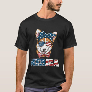 Camiseta Bandeira Americana Fogos de Artifício Corgi Cachor