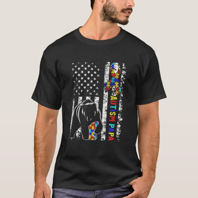 Camiseta Bandeira Americana Incomodada Autismo Papa Bear Aw (Frente)