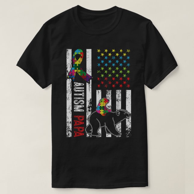 Camiseta Bandeira Americana Incomodada Autismo Papa Bear Aw (Frente do Design)