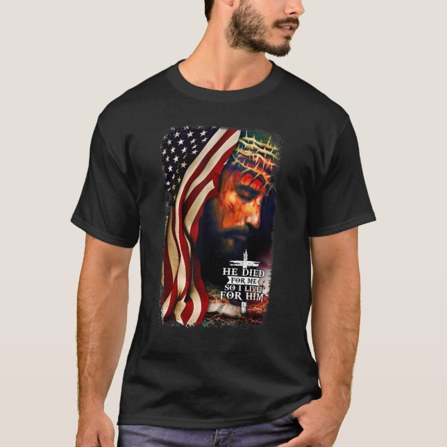 Camiseta Bandeira Americana Jesus Christian Citando Bíblia  (Frente)