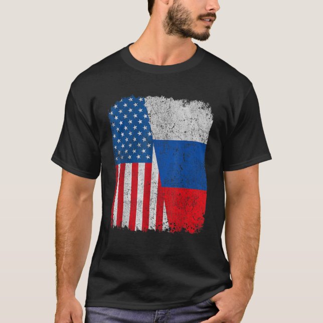 Camiseta Bandeira Americana Metade dos EUA Rocha Rússia Org (Frente)