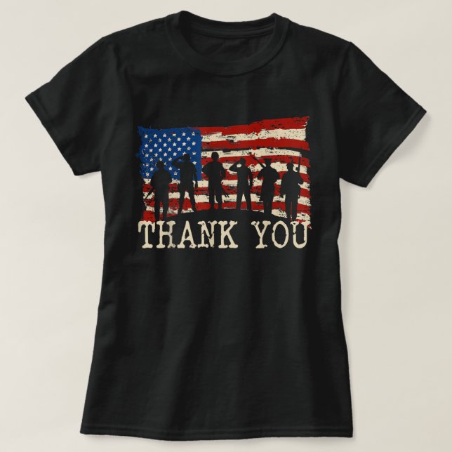 Camiseta Bandeira Americana Obrigado Veteranos Orgulhosos V (Frente do Design)