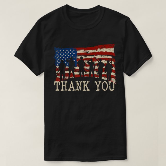 Camiseta Bandeira Americana Obrigado Veteranos Orgulhosos V (Frente do Design)