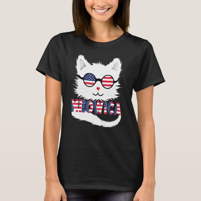 Camiseta Bandeira Americana Óculos de sol Meowica Gato Bran (Frente)