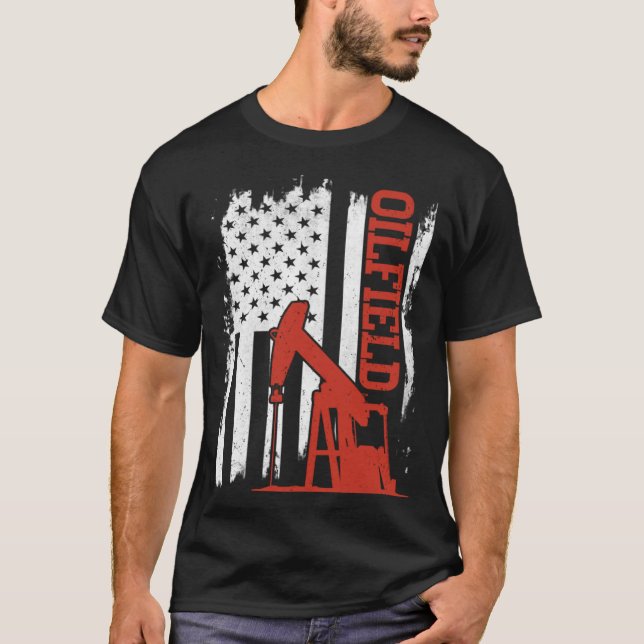 Camiseta Bandeira Americana Oilfield Workers Oil Rig Roughn (Frente)