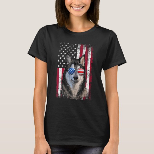 Camiseta Bandeira Americana Patriótica Alaskan Malamute Dog (Frente)