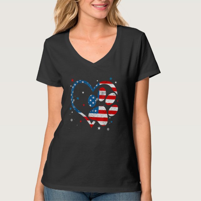 Camiseta Bandeira Americana Patriótica Cachorro e Cat Paw I (Frente)