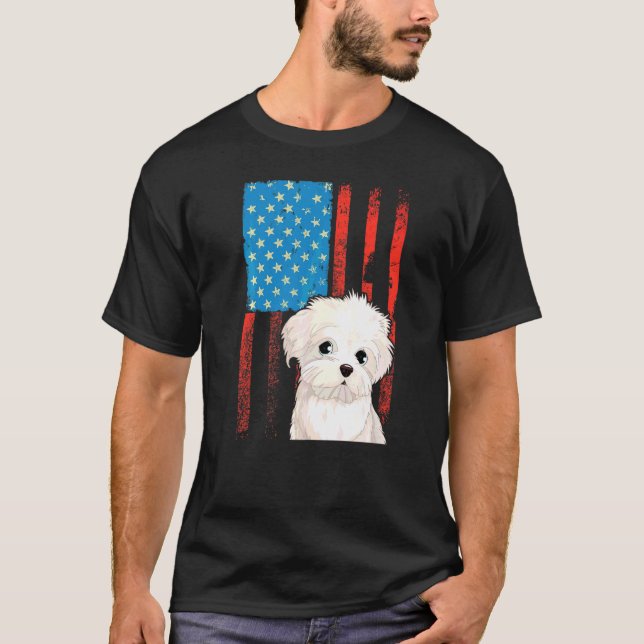 Camiseta Bandeira Americana Patriótica Cão Bichon Frise (Frente)