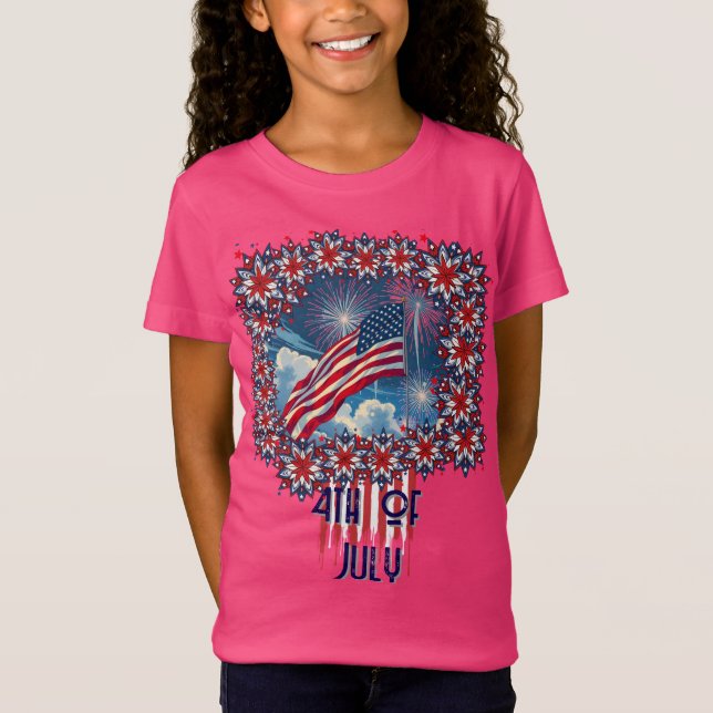 Camiseta Bandeira Americana Patriótica com Fireworks - 4 de (Frente)