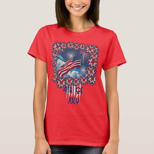 Camiseta Bandeira Americana Patriótica com Fireworks - 4 de (Frente)