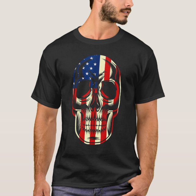 Camiseta Bandeira Americana Patriótica com Pacote de Crânio (Frente)