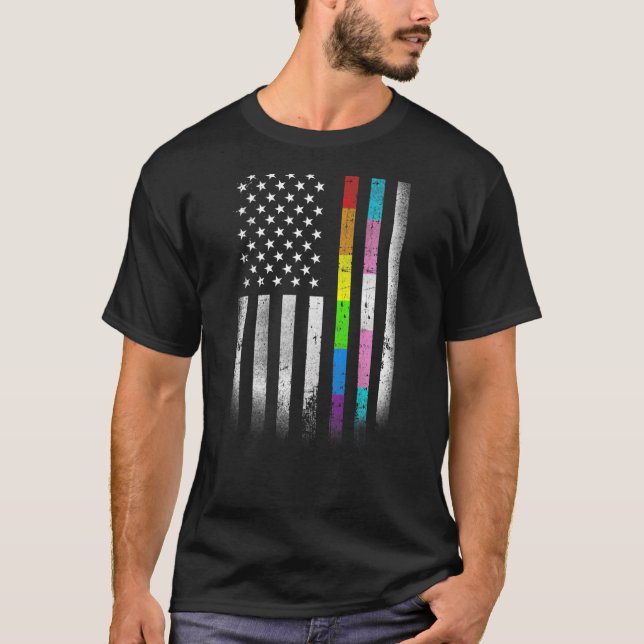 Camiseta Bandeira Americana Rainbow Homossexual Rights LGBT (Frente)