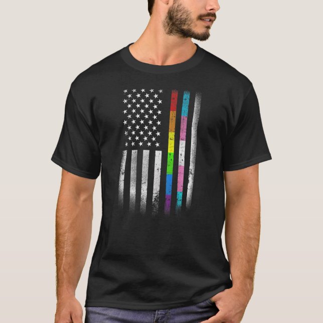 Camiseta Bandeira Americana Rainbow Homossexual Rights LGBT (Frente)