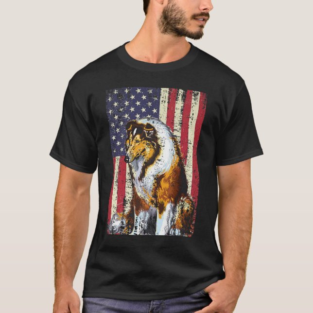 Camiseta Bandeira Americana Rough Collie Bandeira Patriótic (Frente)