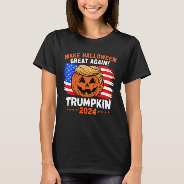 Camiseta Bandeira Americana Trumpkin 2024 Halloween Make Ha (Frente)