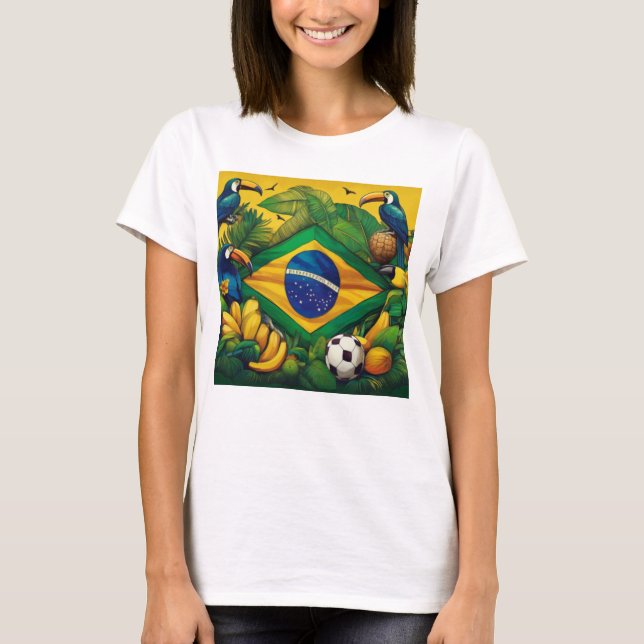 Camiseta Bandeira brasileira com tucanos e elementos tropic (Frente)