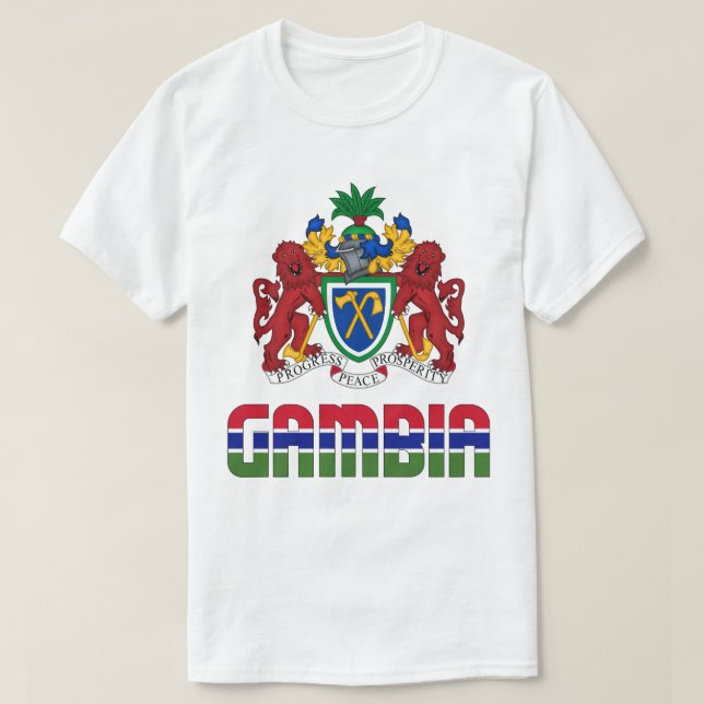 Camiseta Bandeira da Gâmbia e Casaco de Armas Patriótica (Frente do Design)