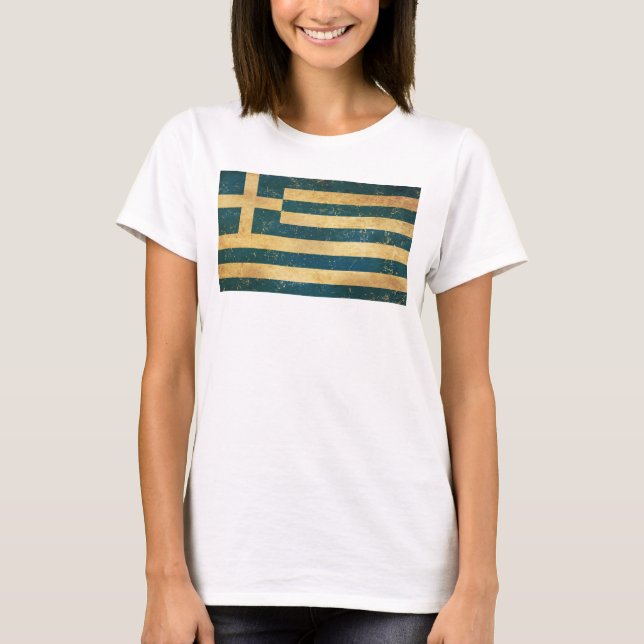 Camiseta Bandeira da Grécia Vintage Grunge Feminina Branca (Frente)