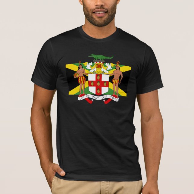 Camiseta Bandeira da Jamaica Casaco de Armas Equipadas com  (Frente)