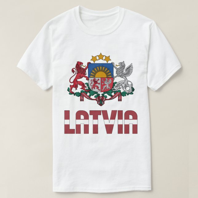 Camiseta Bandeira da Letónia e Casaco de Armas Patriótica (Frente do Design)
