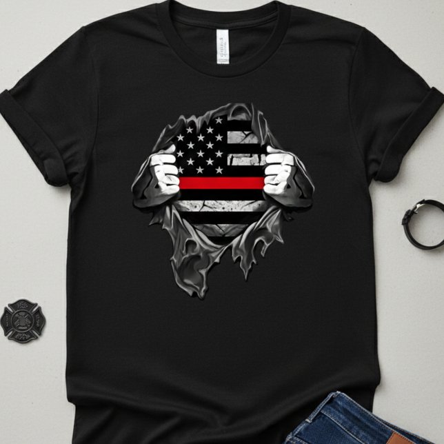 Camiseta Bandeira da Linha Vermelha Fina "Super Herói" Bomb (Criador carregado)