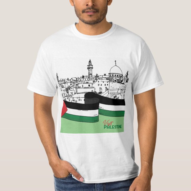 Camiseta Bandeira da Palestina e casas antigas feitas à mão (Frente)