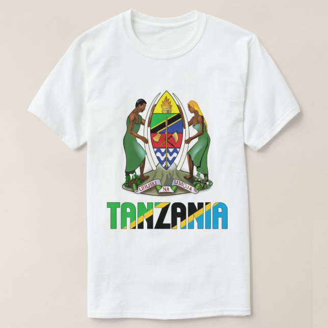 Camiseta Bandeira da Tanzânia e Casaco de Armas Patriótica (Frente do Design)