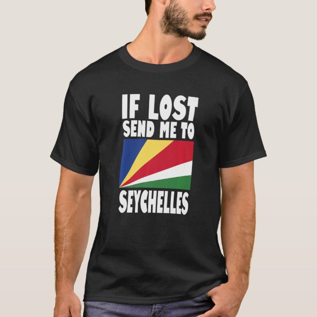 Camiseta Bandeira das Seychelles Design Se perdido me envie (Frente)