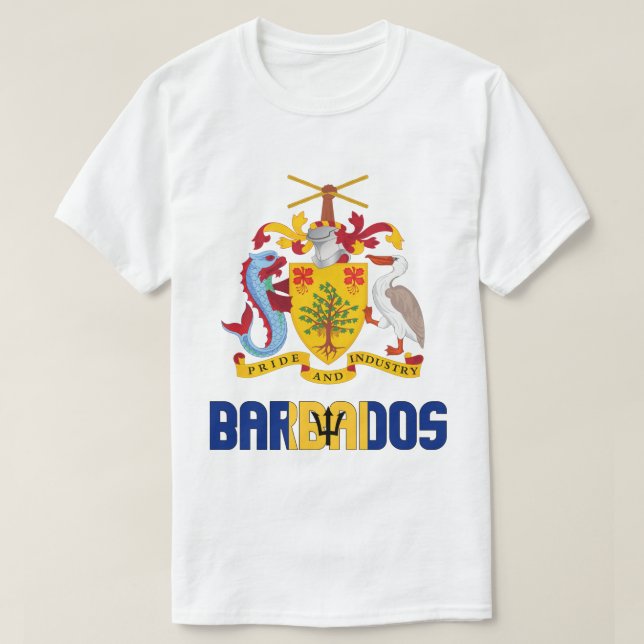 Camiseta Bandeira de Barbados e Casaco de Armas Patriótica (Frente do Design)
