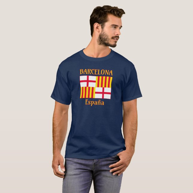 Camiseta Bandeira de Barcelona em branco vermelho e amarelo (Frente Completa)