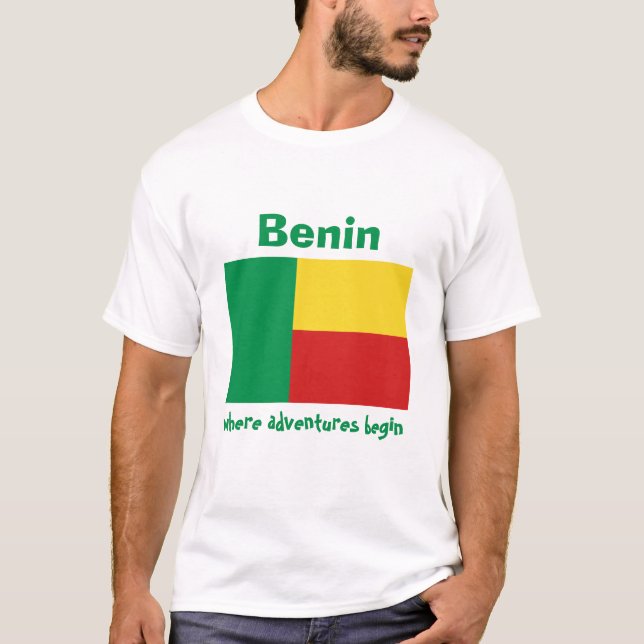 Camiseta Bandeira de Benin + Mapa + T-shirt do texto (Frente)