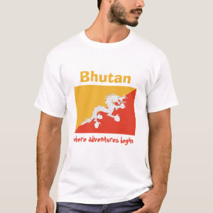 Camiseta Bandeira de Bhutan + Mapa + T-shirt do texto
