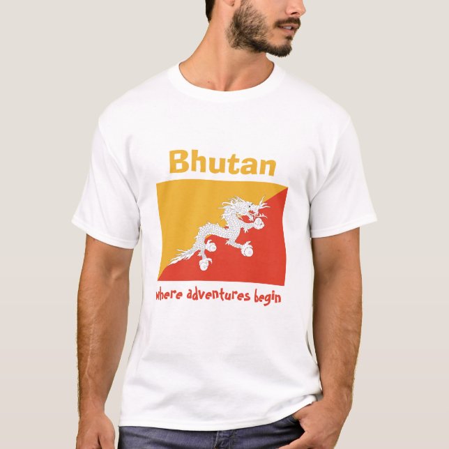 Camiseta Bandeira de Bhutan + Mapa + T-shirt do texto (Frente)