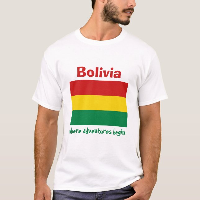 Camiseta Bandeira de Bolívia + Mapa + T-shirt do texto (Frente)