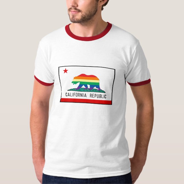 Camiseta Bandeira de Califórnia com urso do arco-íris (Frente)