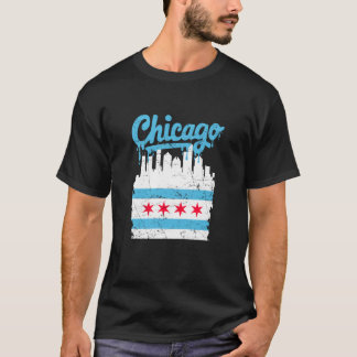 Camiseta Bandeira de Chicago Skyline Vintage Gotejamento De
