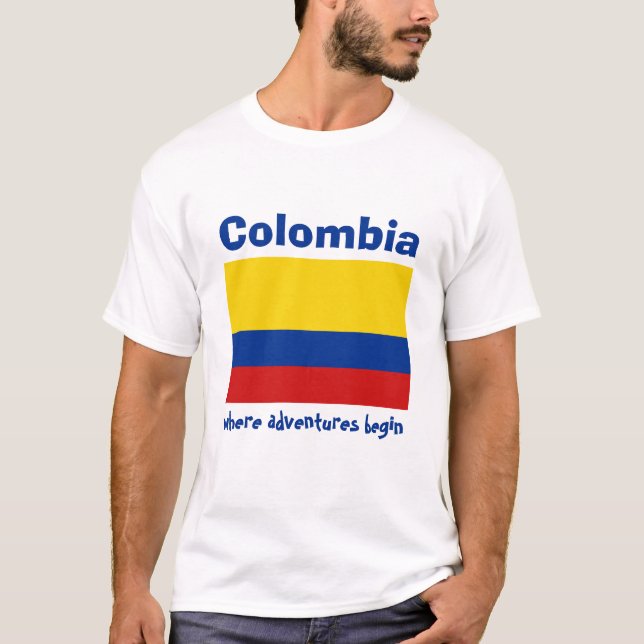 Camiseta Bandeira de Colômbia + Mapa + T-shirt do texto (Frente)