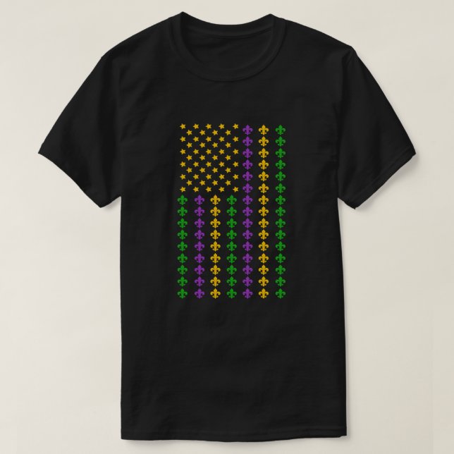 Camiseta Bandeira de Mardi Gras dos EUA com Fleur de Lis Pa (Frente do Design)
