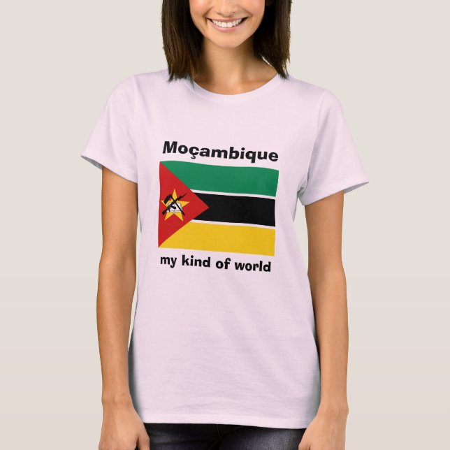 Camiseta Bandeira de Mozambique + Mapa + T-shirt do texto (Frente)