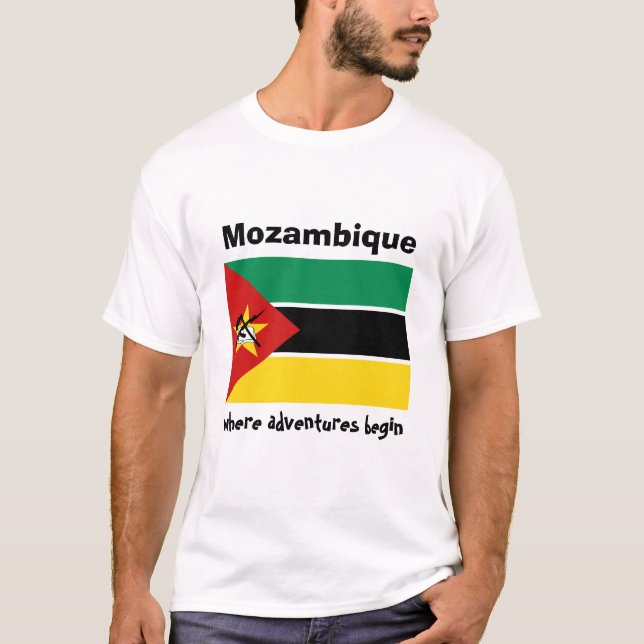 Camiseta Bandeira de Mozambique + Mapa + T-shirt do texto (Frente)
