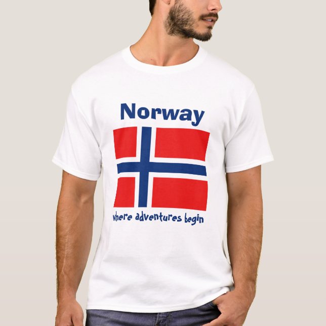 Camiseta Bandeira de Noruega + Mapa + T-shirt do texto (Frente)