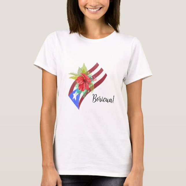 Camiseta Bandeira de Porto Rico com flor de maga boricua (Frente)